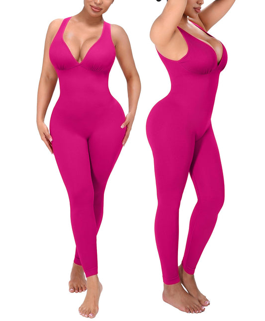 SHAPELLX Tummy Control Workout Jumpsuits for Women One Piece Comfy Yoga Outfits V Neck Sleeveless Bodycon Pants Romper
