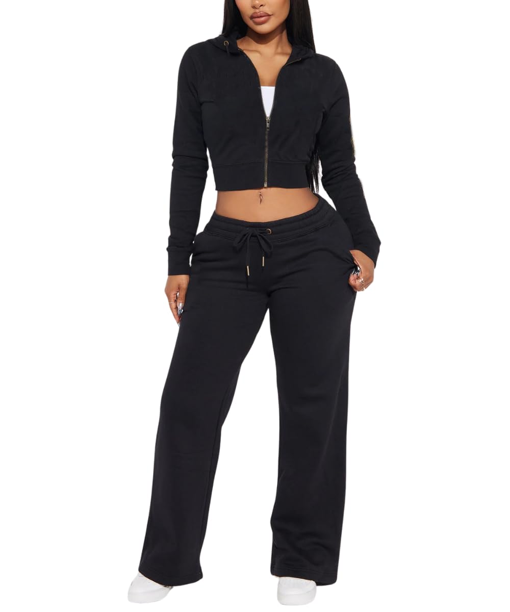 Glitrandi Womens 2 Piece Outfits Fashion Print Cropped Hoodies Jacket Sweatpants With Pockets Tracksuit For Women