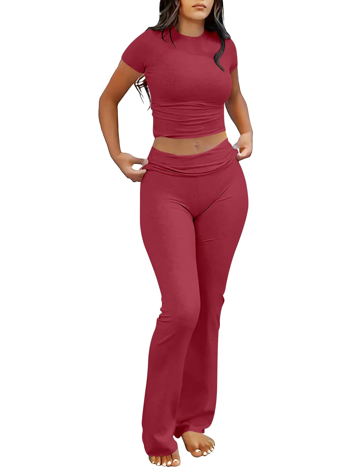 ANRABESS Lounge Sets for Women 2 Piece Foldover Yoga Flare Leggings Pants Crop Tops Casual Y2K Outfits Matching Tracksuit Set