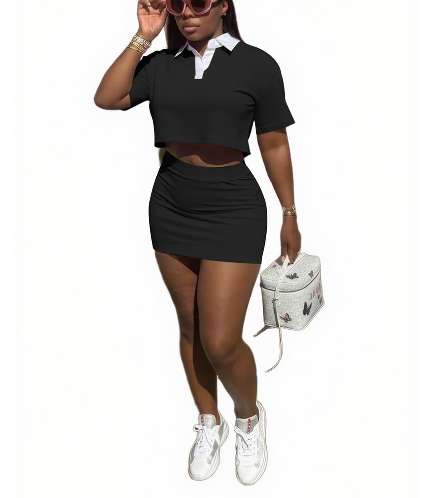 HBQ Women's Casual 2 Piece Skirt Sets Polo Collar Crop Top Striped Mini Dress Summer Vacation-Stripe