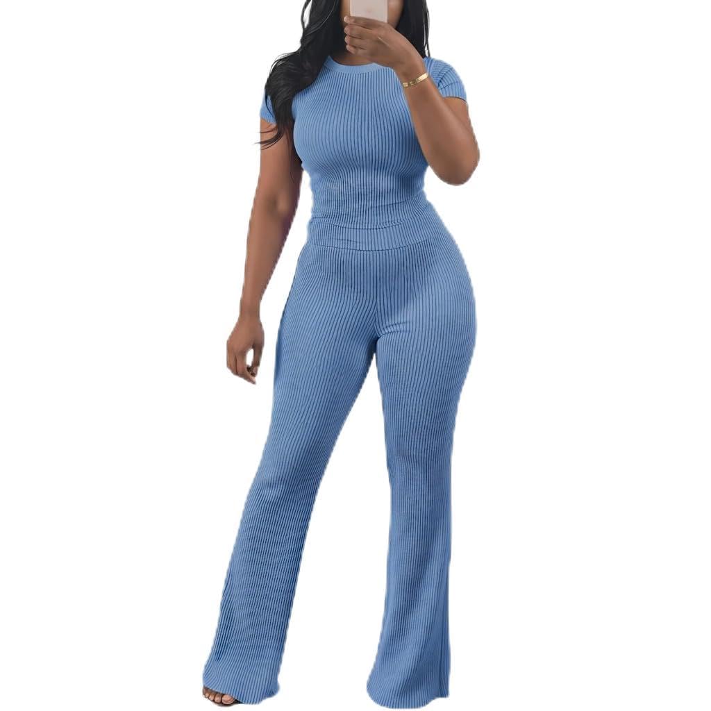HBQ Women Two Piece Outfit Ribbed Short Sleeve V Neck Polo Top and Flare Pants Casual Lounge Sets Tracksuit