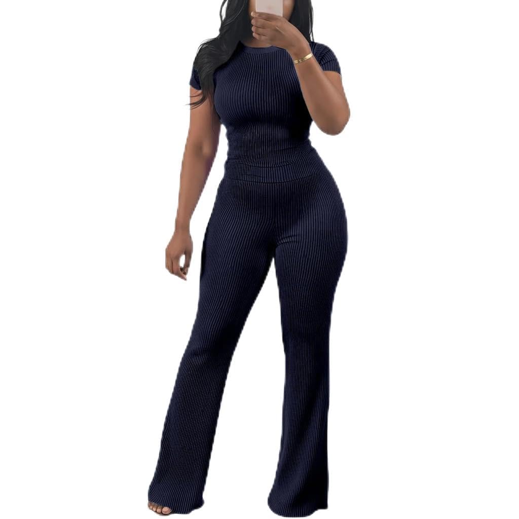 HBQ Women Two Piece Outfit Ribbed Short Sleeve V Neck Polo Top and Flare Pants Casual Lounge Sets Tracksuit
