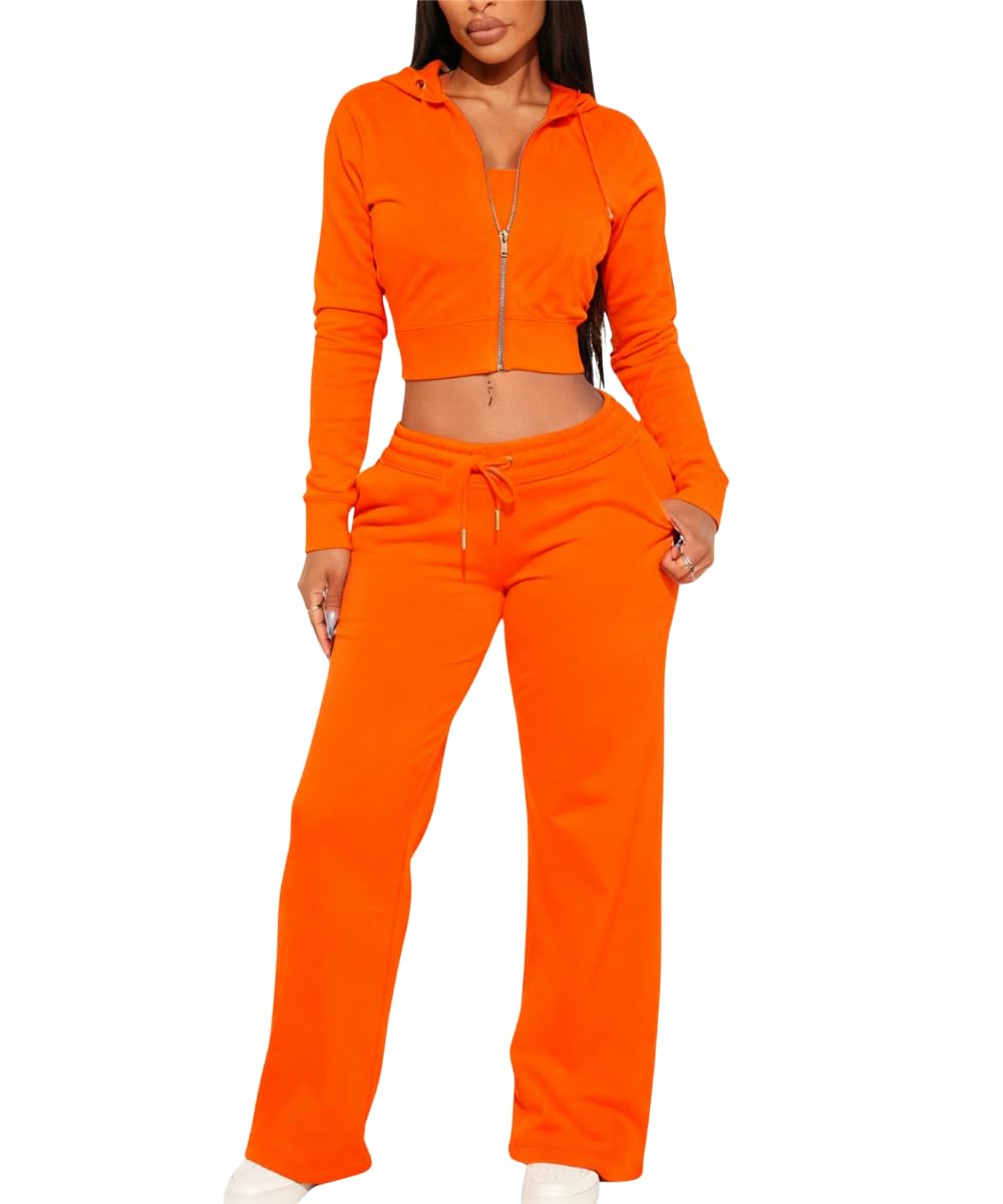 Glitrandi Womens 2 Piece Outfits Fashion Print Cropped Hoodies Jacket Sweatpants With Pockets Tracksuit For Women