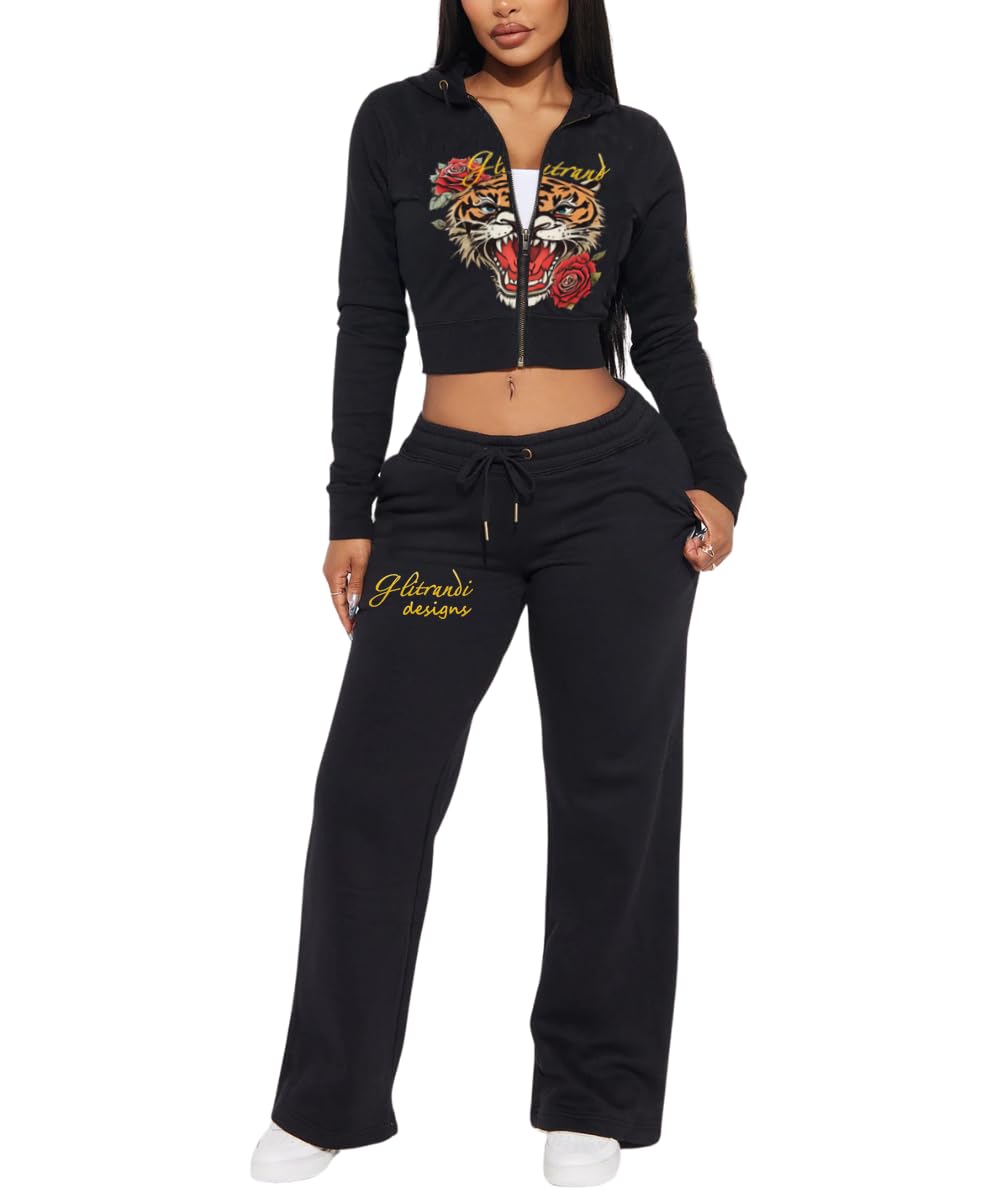 Glitrandi Womens 2 Piece Outfits Fashion Print Cropped Hoodies Jacket Sweatpants With Pockets Tracksuit For Women