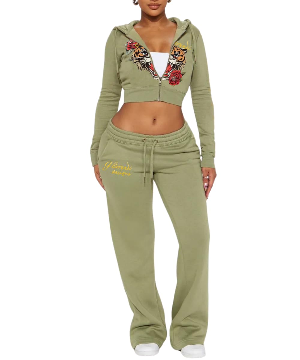 Glitrandi Womens 2 Piece Outfits Fashion Print Cropped Hoodies Jacket Sweatpants With Pockets Tracksuit For Women