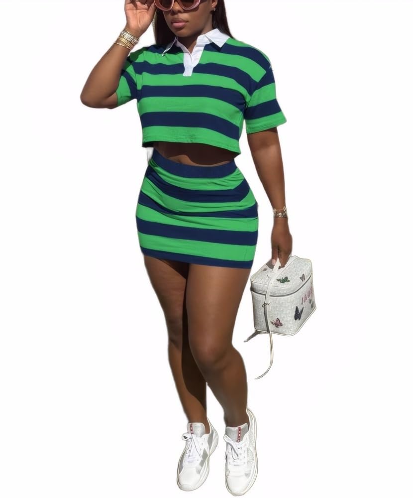 HBQ Women's Casual 2 Piece Skirt Sets Polo Collar Crop Top Striped Mini Dress Summer Vacation-Stripe
