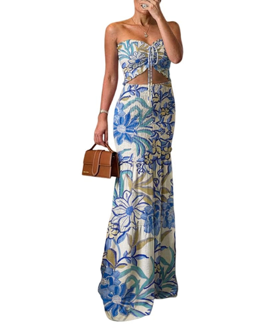 CHICME Floral Printed Prom Dress Tie Ruched Shirred Bandeau Party Dress Slim Fit Ruffle Hem Vacation Dresses