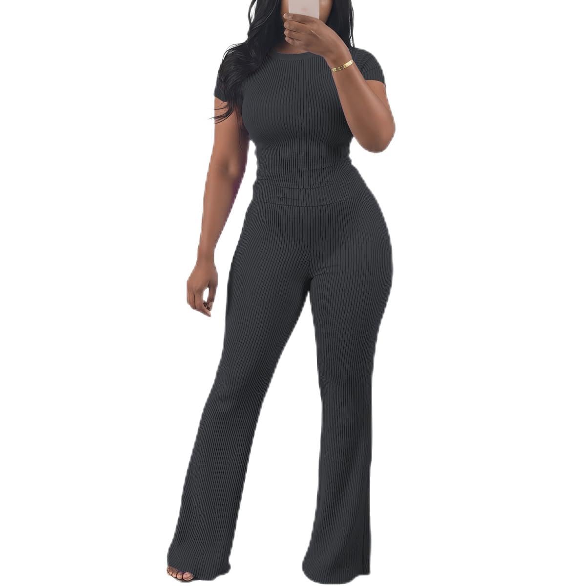 HBQ Women Two Piece Outfit Ribbed Short Sleeve V Neck Polo Top and Flare Pants Casual Lounge Sets Tracksuit