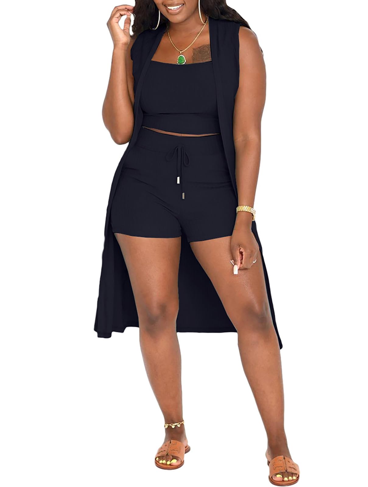 Aladeno Women 3 Piece Outfits Ribbed Sleeveless Kimono Cardigan Cover Up Tank Crop Tops Bodycon Shorts Tracksuit Lounge Sets