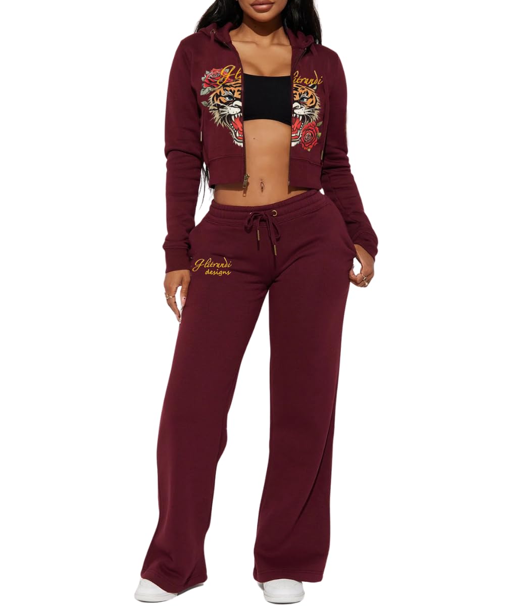 Glitrandi Womens 2 Piece Outfits Fashion Print Cropped Hoodies Jacket Sweatpants With Pockets Tracksuit For Women