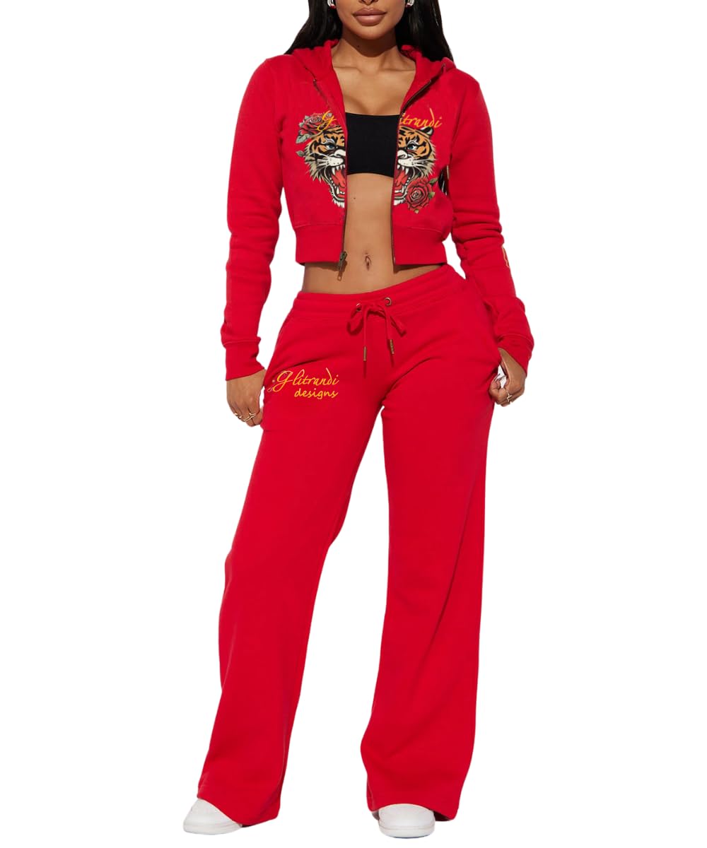 Glitrandi Womens 2 Piece Outfits Fashion Print Cropped Hoodies Jacket Sweatpants With Pockets Tracksuit For Women