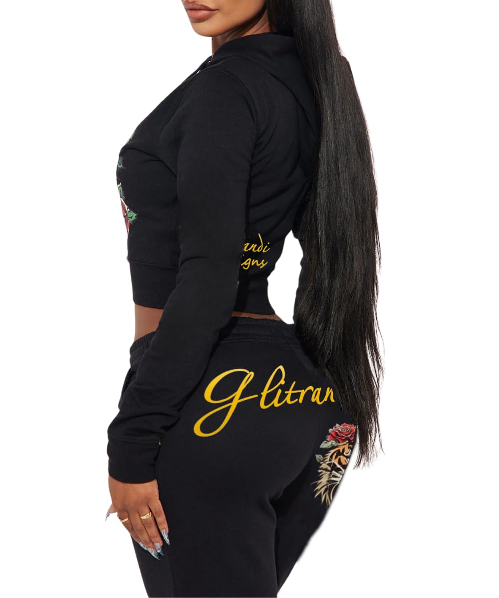 Glitrandi Womens 2 Piece Outfits Fashion Print Cropped Hoodies Jacket Sweatpants With Pockets Tracksuit For Women
