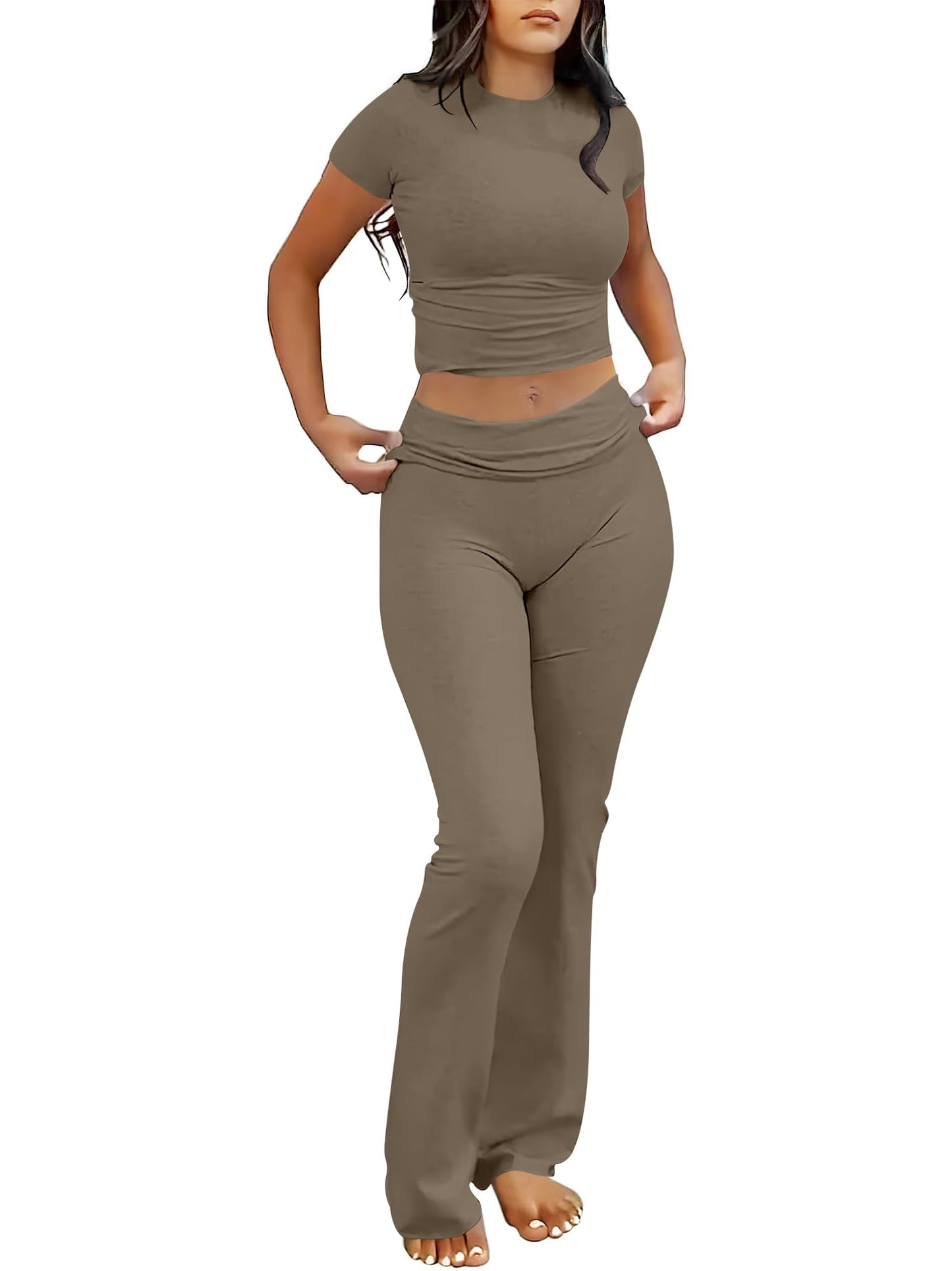 ANRABESS Lounge Sets for Women 2 Piece Foldover Yoga Flare Leggings Pants Crop Tops Casual Y2K Outfits Matching Tracksuit Set