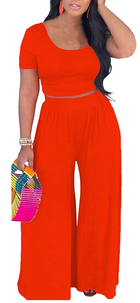 2 Piece Outfits for Women Sexy Backless Short Sleeve Crop Top High Waist Wide Leg Long Pant Sets Tracksuit Sport Set