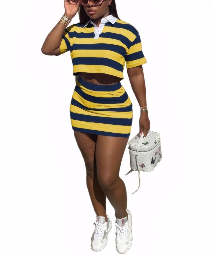 HBQ Women's Casual 2 Piece Skirt Sets Polo Collar Crop Top Striped Mini Dress Summer Vacation-Stripe