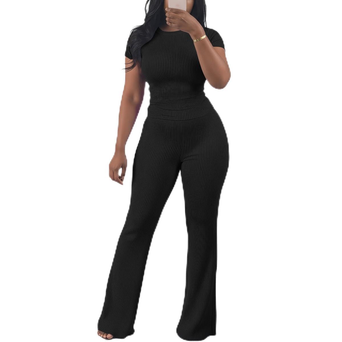 HBQ Women Two Piece Outfit Ribbed Short Sleeve V Neck Polo Top and Flare Pants Casual Lounge Sets Tracksuit