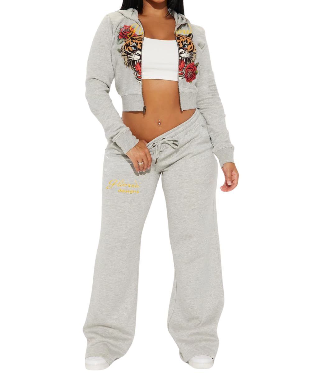 Glitrandi Womens 2 Piece Outfits Fashion Print Cropped Hoodies Jacket Sweatpants With Pockets Tracksuit For Women