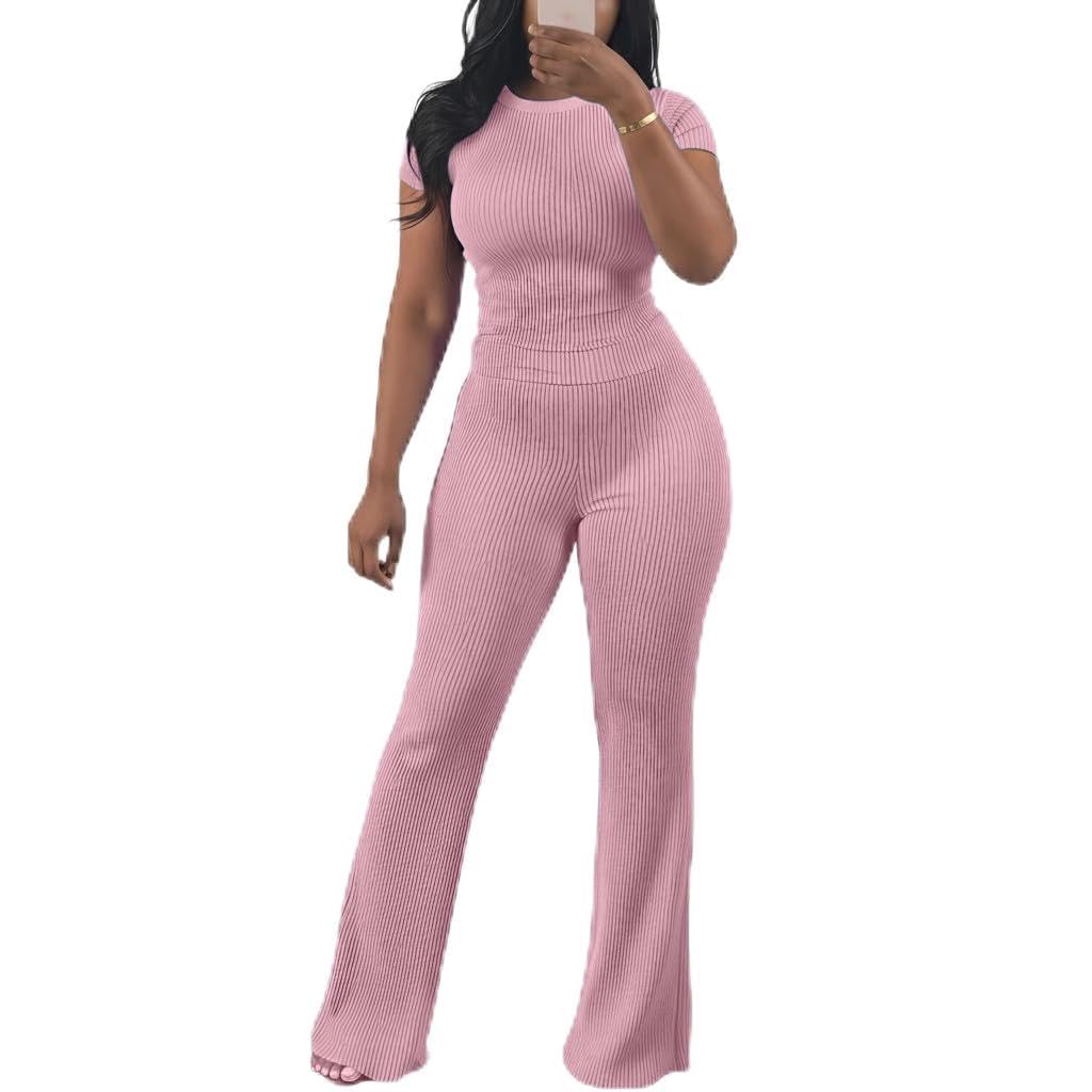 HBQ Women Two Piece Outfit Ribbed Short Sleeve V Neck Polo Top and Flare Pants Casual Lounge Sets Tracksuit
