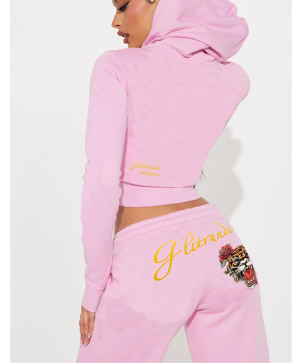 Glitrandi Womens 2 Piece Outfits Fashion Print Cropped Hoodies Jacket Sweatpants With Pockets Tracksuit For Women