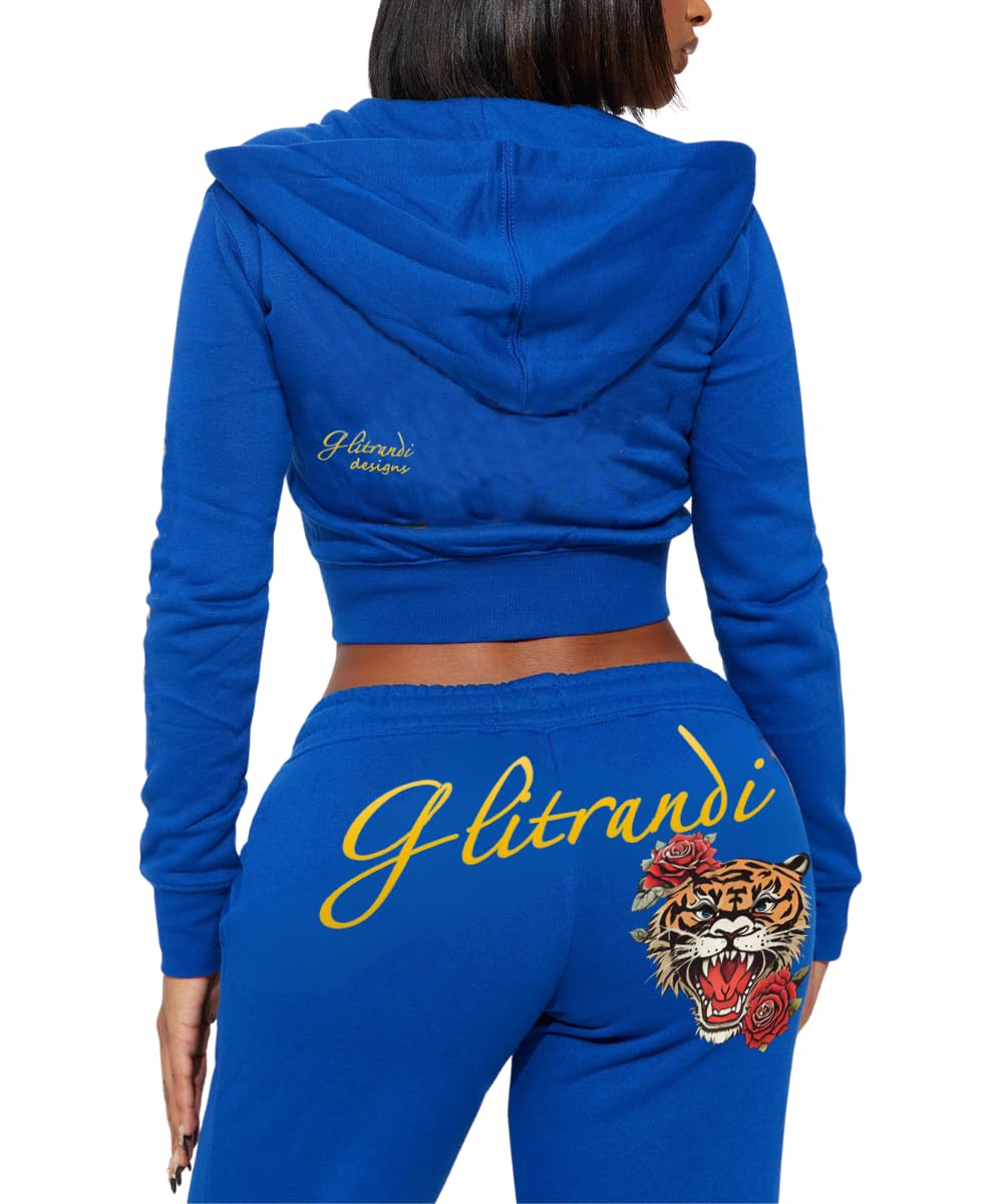 Glitrandi Womens 2 Piece Outfits Fashion Print Cropped Hoodies Jacket Sweatpants With Pockets Tracksuit For Women