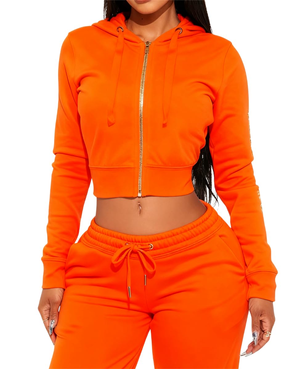 Glitrandi Womens 2 Piece Outfits Fashion Print Cropped Hoodies Jacket Sweatpants With Pockets Tracksuit For Women