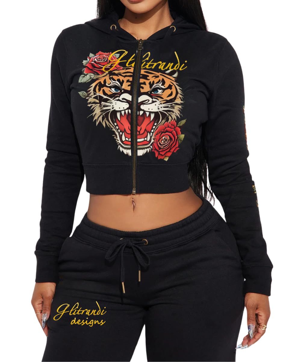 Glitrandi Womens 2 Piece Outfits Fashion Print Cropped Hoodies Jacket Sweatpants With Pockets Tracksuit For Women