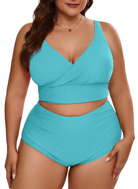 Eytino Womens Plus Size Bikini Sets High Waisted V Neck Bahting Suits Two Piece Color Block Swimsuits(1X-5X)