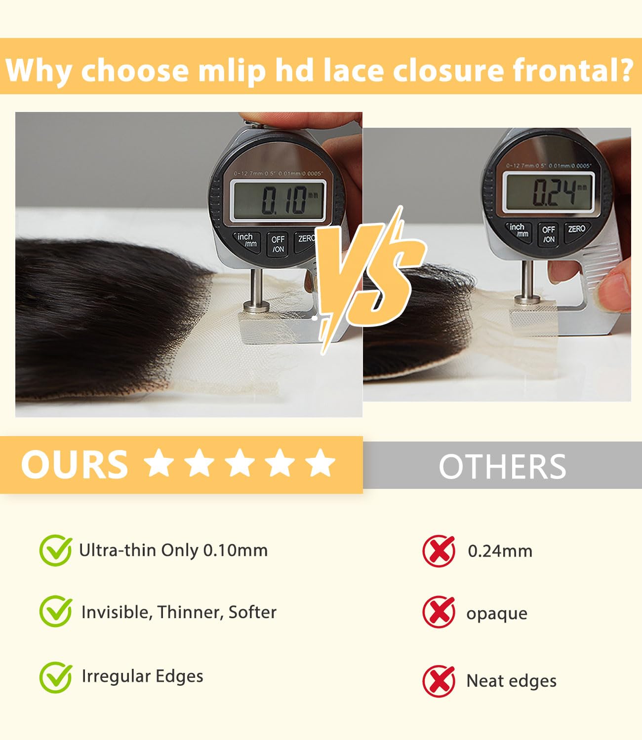Mlip 2x6 HD Lace Closure Body Wave, 0.10mm Ultra Thin Invisible Swiss Lace, Skinlike Real HD Lace Melt into Skin Perfectly, Pre-plucked Natural Hairline, Raw Indian Human Hair 18 Inches Natural Color