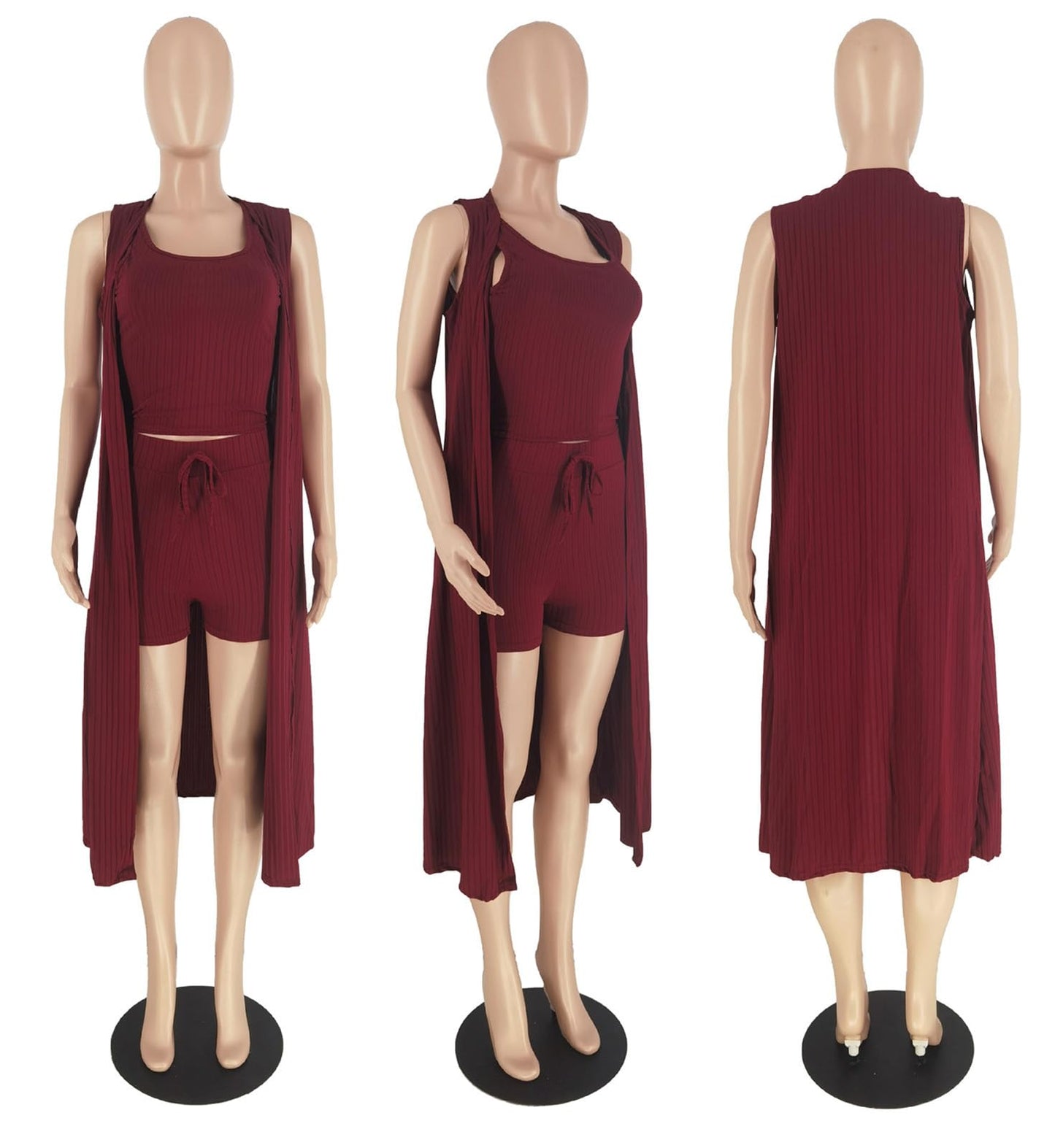 Aladeno Women 3 Piece Outfits Ribbed Sleeveless Kimono Cardigan Cover Up Tank Crop Tops Bodycon Shorts Tracksuit Lounge Sets