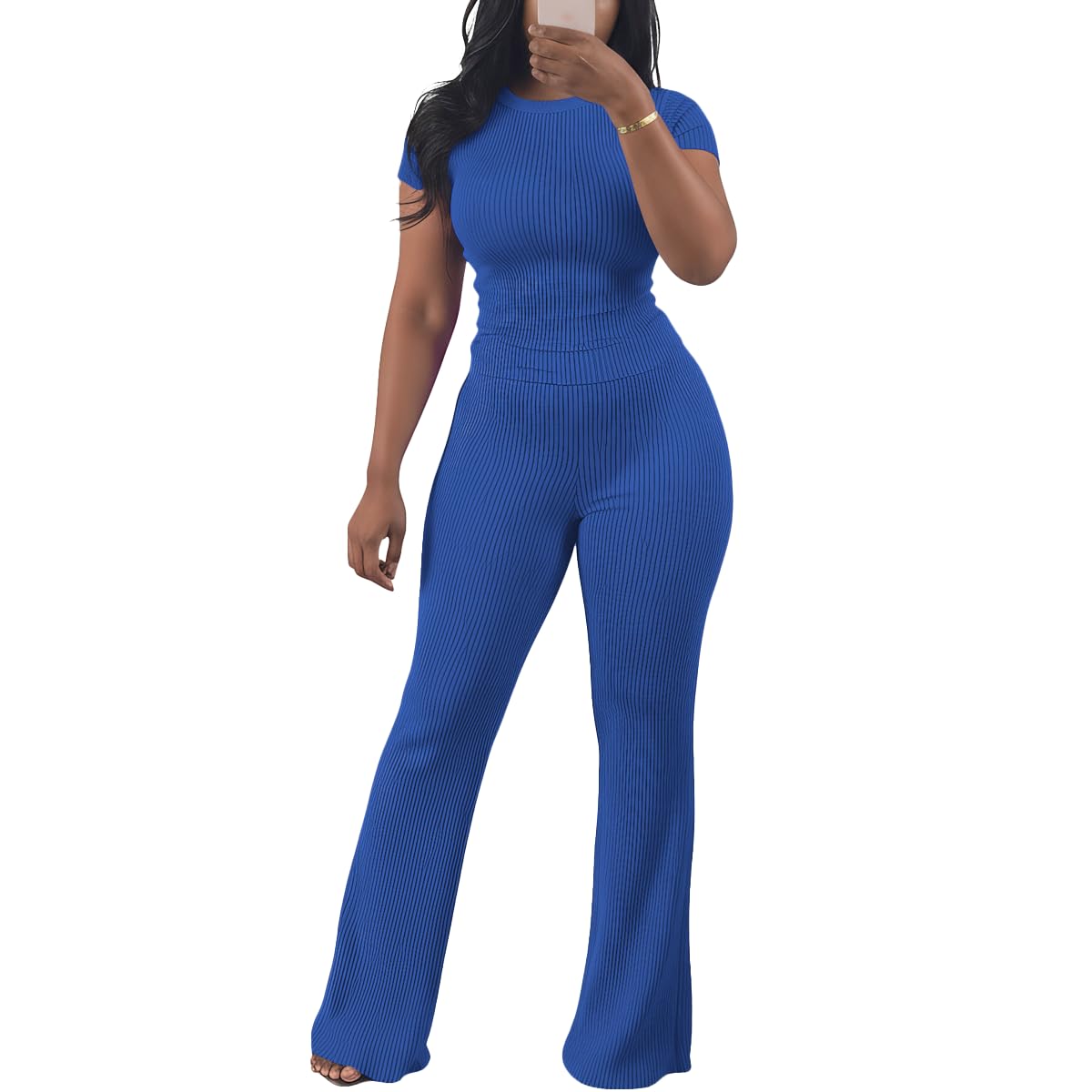 HBQ Women Two Piece Outfit Ribbed Short Sleeve V Neck Polo Top and Flare Pants Casual Lounge Sets Tracksuit