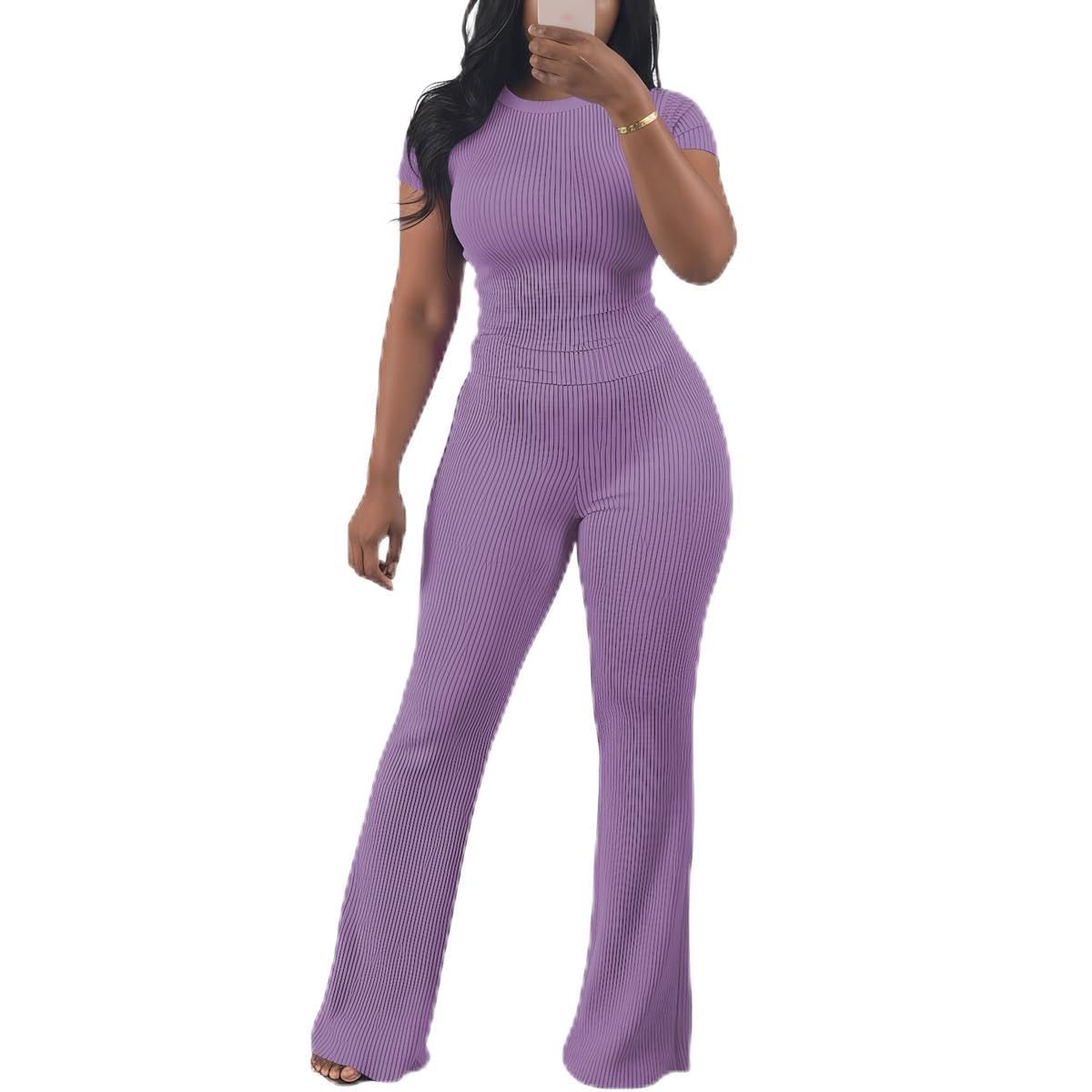 HBQ Women Two Piece Outfit Ribbed Short Sleeve V Neck Polo Top and Flare Pants Casual Lounge Sets Tracksuit
