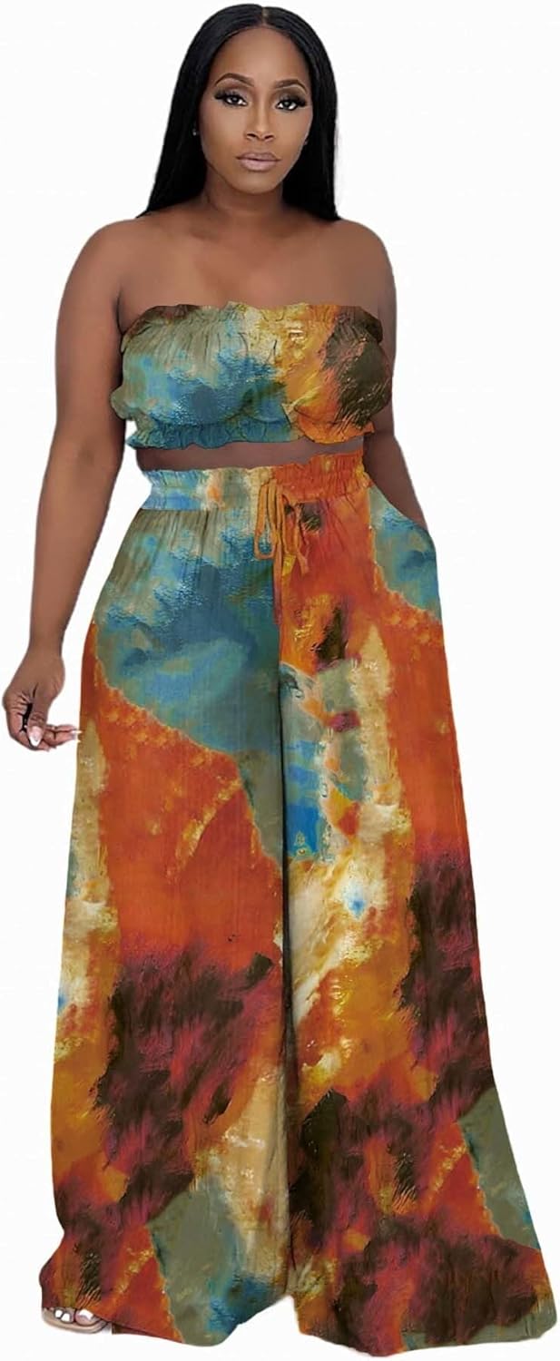 Two Piece Sets for Women Summer Outfits Crop Tops and Wide Leg Pants Sets Sexy Jumpsuits Vacation Outfits with Pockets