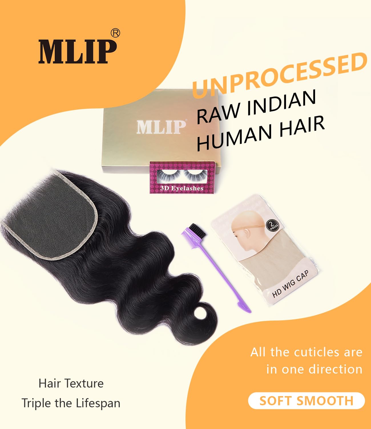 Mlip 2x6 HD Lace Closure Body Wave, 0.10mm Ultra Thin Invisible Swiss Lace, Skinlike Real HD Lace Melt into Skin Perfectly, Pre-plucked Natural Hairline, Raw Indian Human Hair 18 Inches Natural Color
