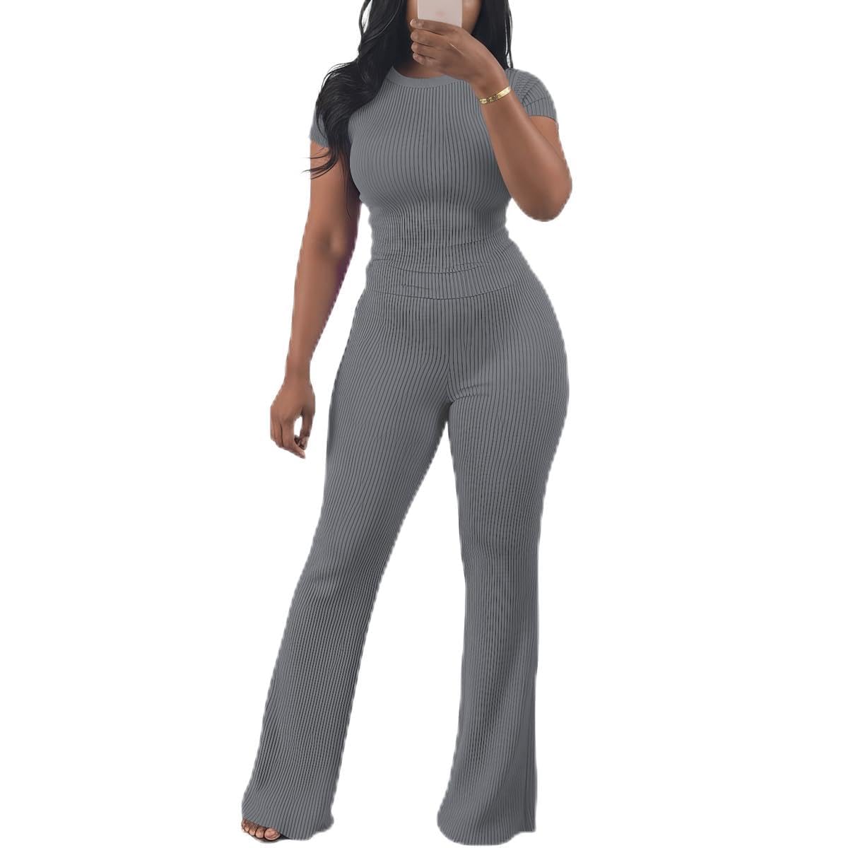 HBQ Women Two Piece Outfit Ribbed Short Sleeve V Neck Polo Top and Flare Pants Casual Lounge Sets Tracksuit