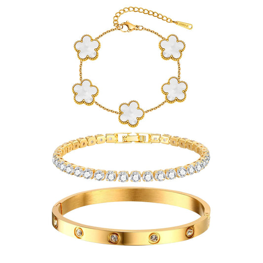 Womens Stackable Floral Gold Bracelets - 3Pcs 18K Gold Plated Bracelet,Stainless Steel Bangle Bracelets Non Tarnish, Gold Bracelet Set Trendy Jewelry,Christmas Valentines Birthday Gifts for Girlfriend