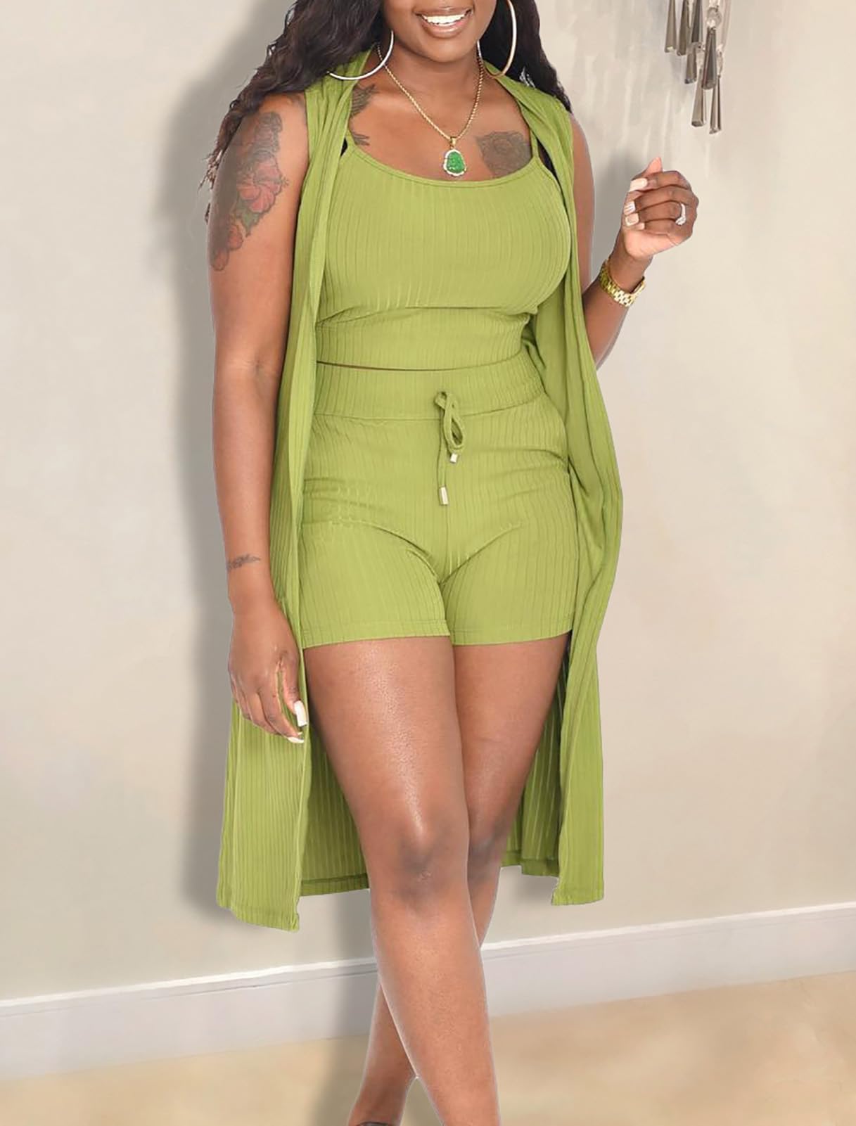 Aladeno Women 3 Piece Outfits Ribbed Sleeveless Kimono Cardigan Cover Up Tank Crop Tops Bodycon Shorts Tracksuit Lounge Sets
