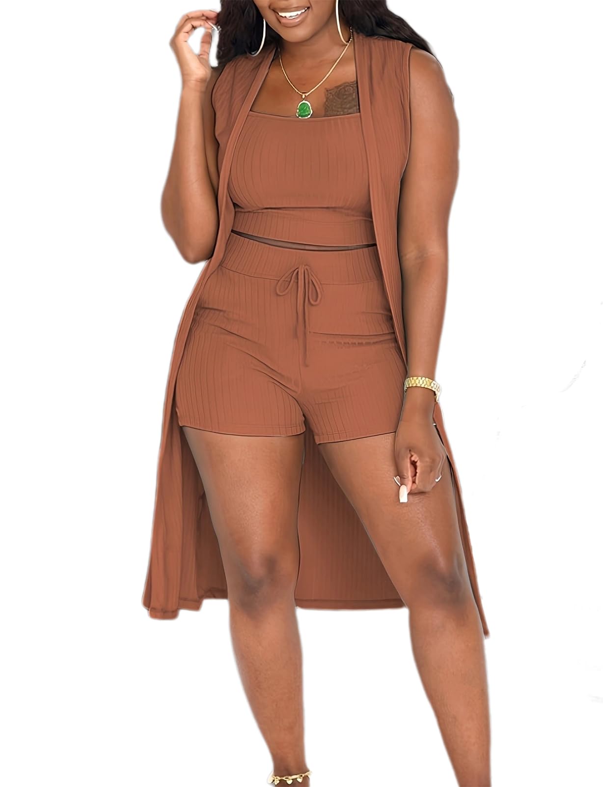 Aladeno Women 3 Piece Outfits Ribbed Sleeveless Kimono Cardigan Cover Up Tank Crop Tops Bodycon Shorts Tracksuit Lounge Sets