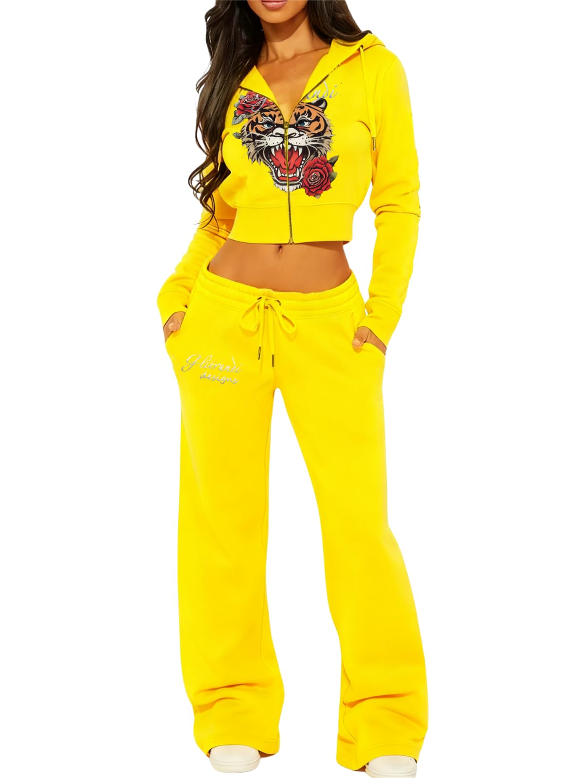 Glitrandi Womens 2 Piece Outfits Fashion Print Cropped Hoodies Jacket Sweatpants With Pockets Tracksuit For Women