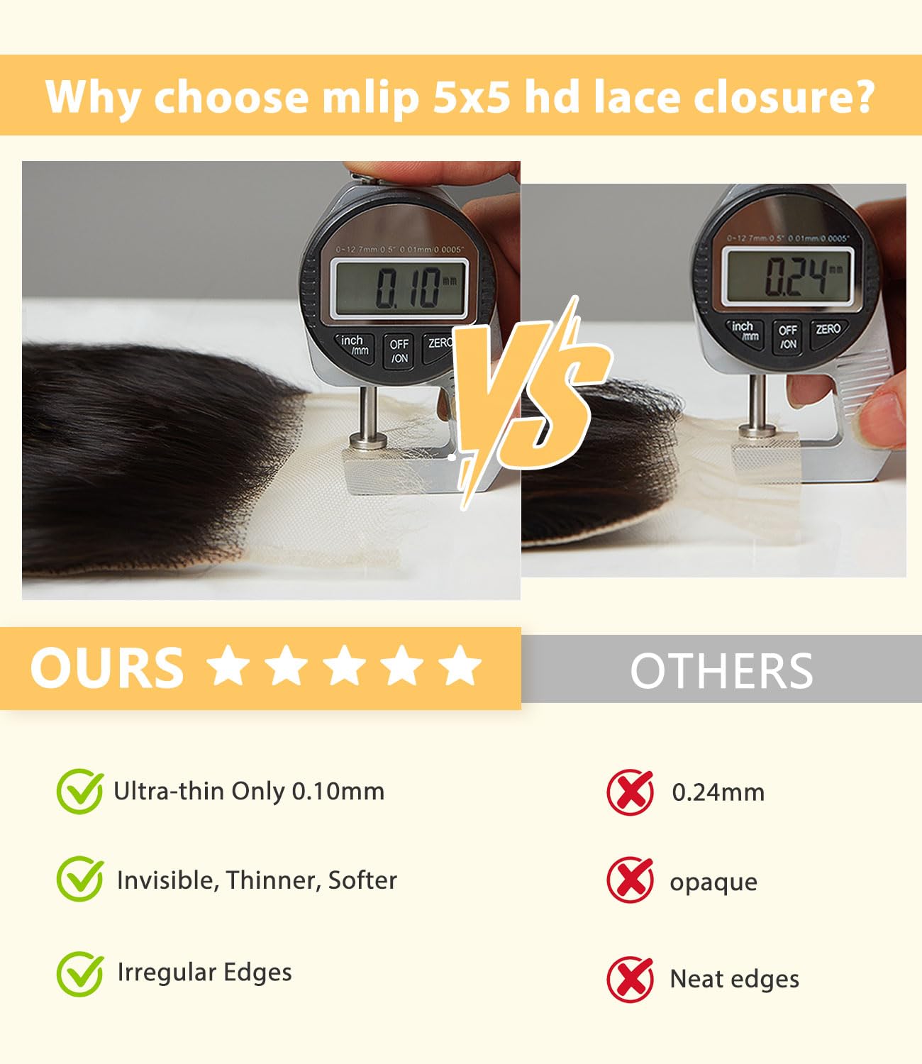 Mlip 2x6 HD Lace Closure Body Wave, 0.10mm Ultra Thin Invisible Swiss Lace, Skinlike Real HD Lace Melt into Skin Perfectly, Pre-plucked Natural Hairline, Raw Indian Human Hair 18 Inches Natural Color