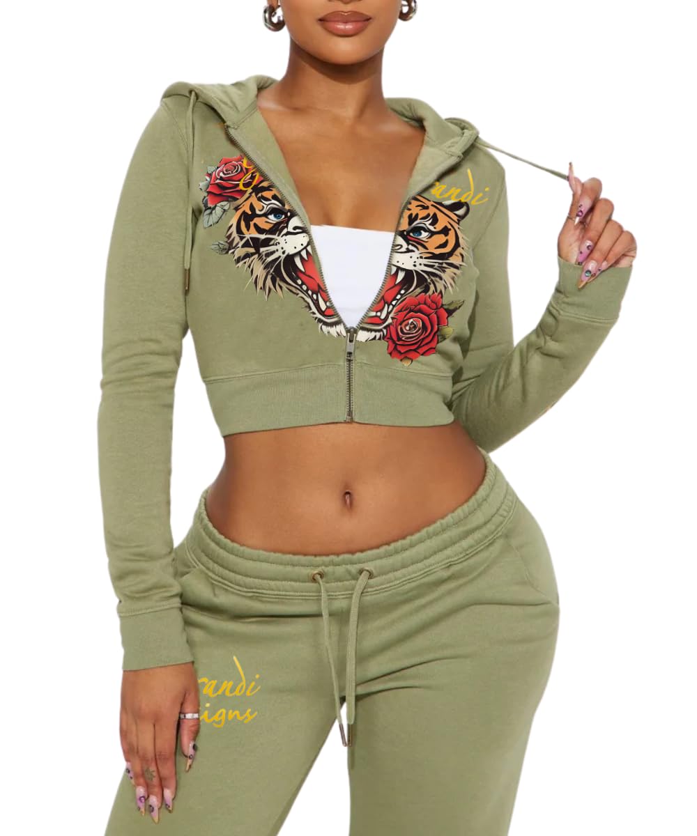 Glitrandi Womens 2 Piece Outfits Fashion Print Cropped Hoodies Jacket Sweatpants With Pockets Tracksuit For Women