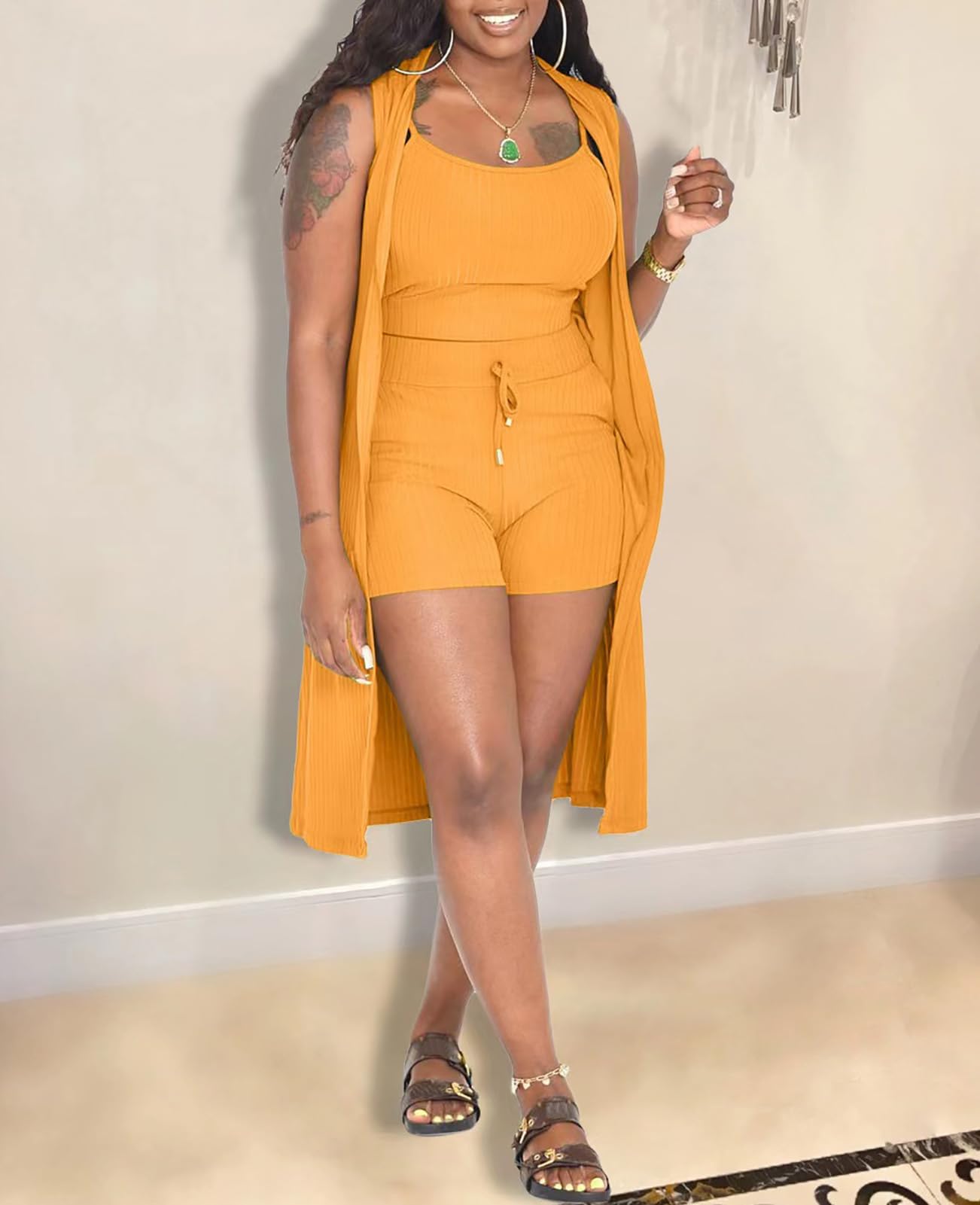 Aladeno Women 3 Piece Outfits Ribbed Sleeveless Kimono Cardigan Cover Up Tank Crop Tops Bodycon Shorts Tracksuit Lounge Sets