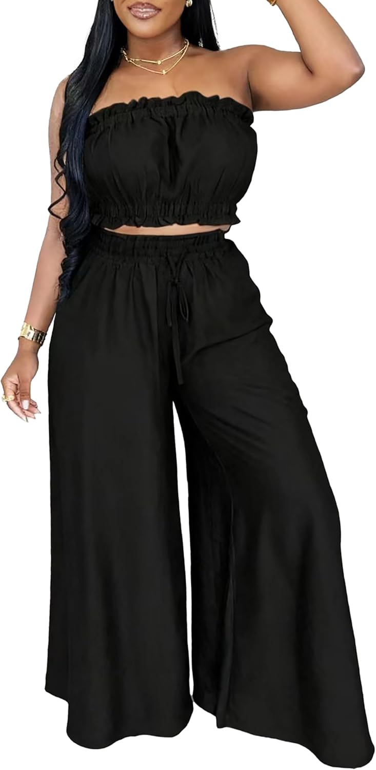 Two Piece Sets for Women Summer Outfits Crop Tops and Wide Leg Pants Sets Sexy Jumpsuits Vacation Outfits with Pockets