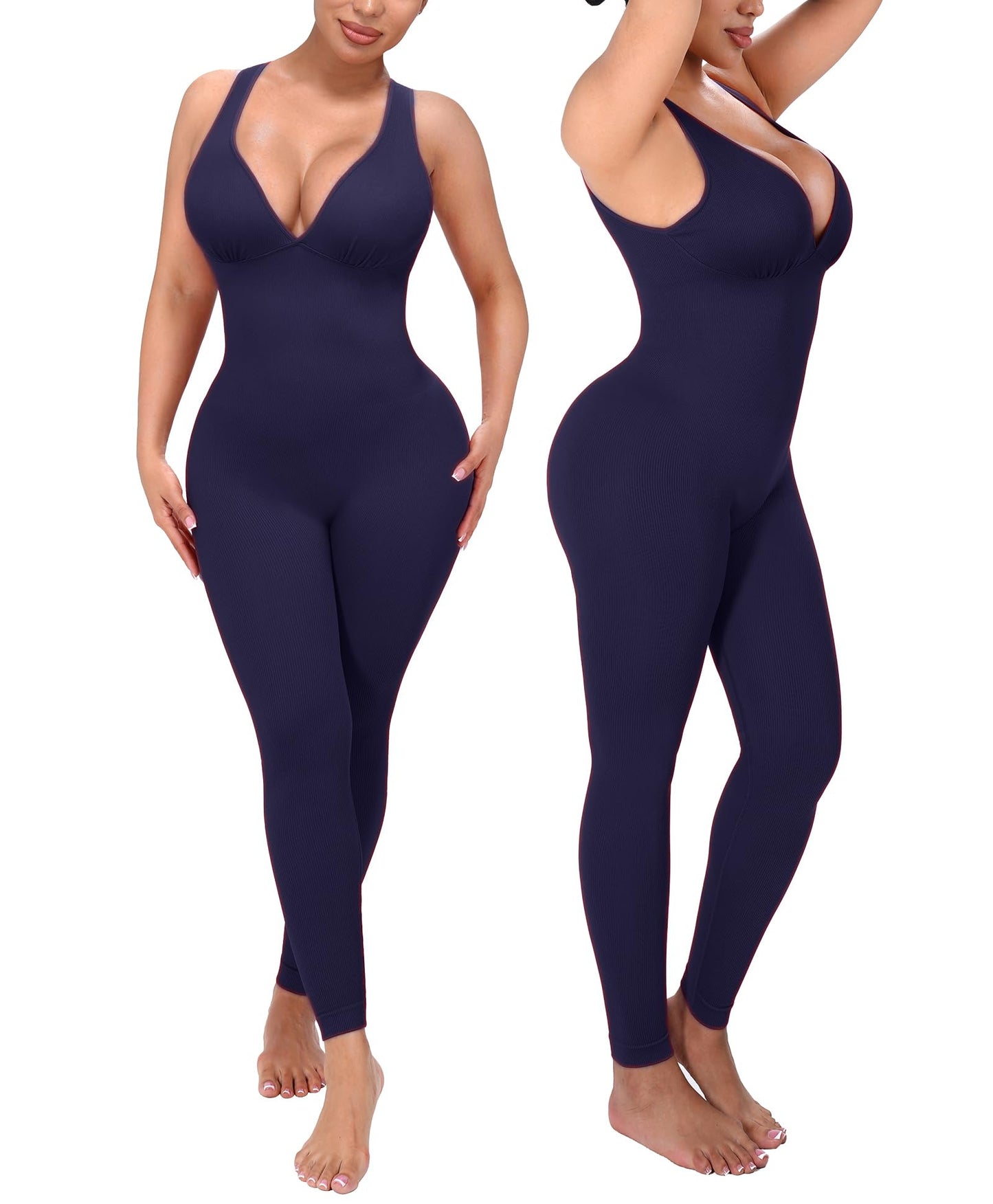 SHAPELLX Tummy Control Workout Jumpsuits for Women One Piece Comfy Yoga Outfits V Neck Sleeveless Bodycon Pants Romper