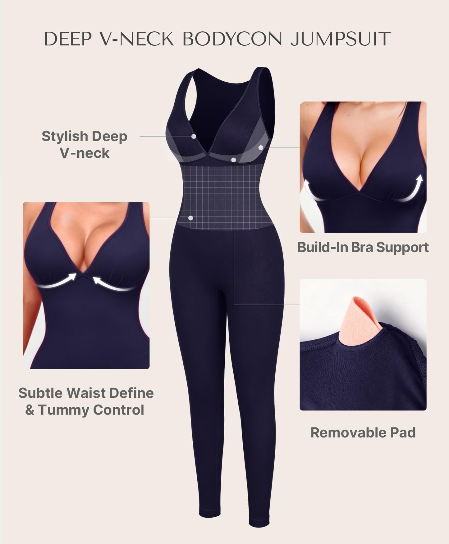 SHAPELLX Tummy Control Workout Jumpsuits for Women One Piece Comfy Yoga Outfits V Neck Sleeveless Bodycon Pants Romper