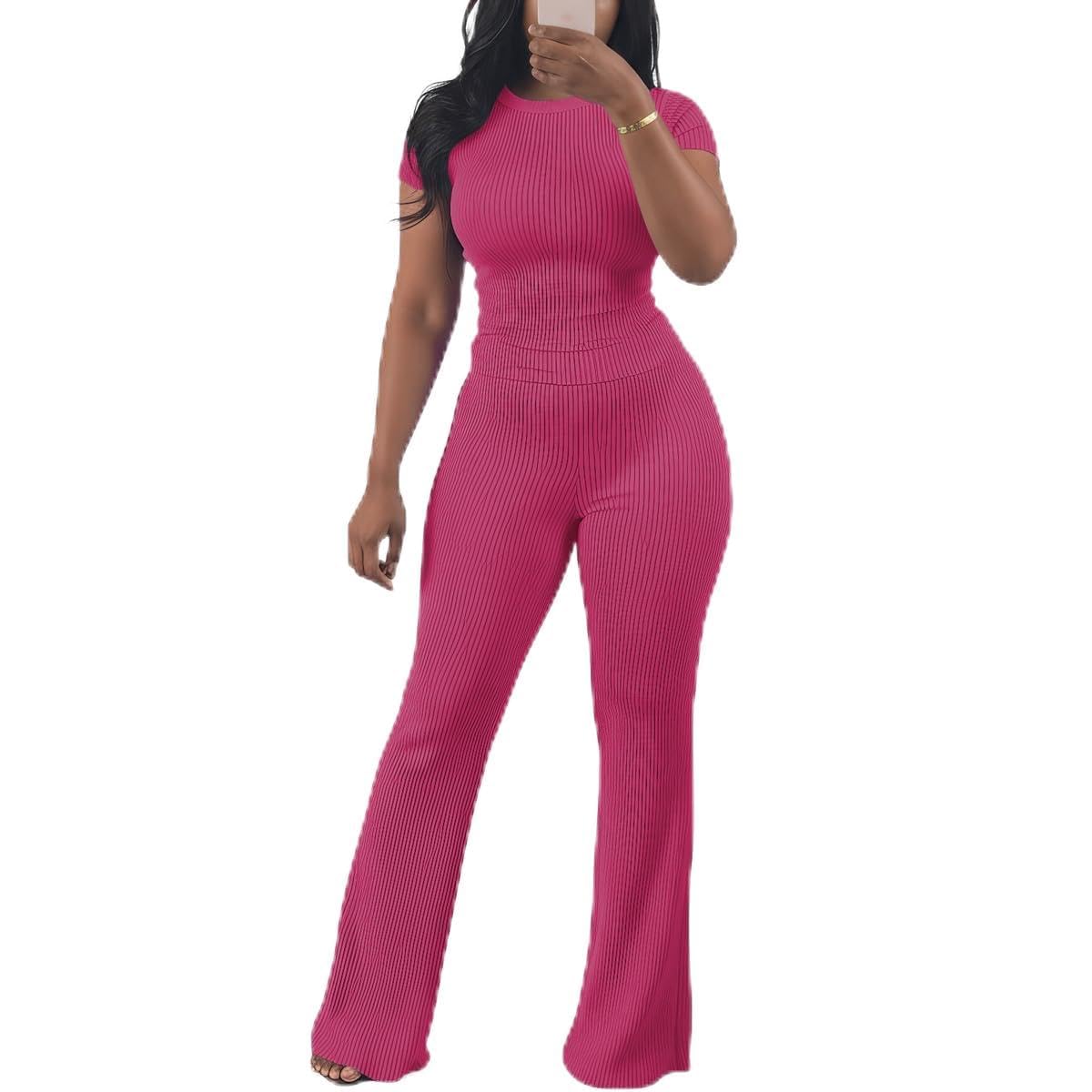HBQ Women Two Piece Outfit Ribbed Short Sleeve V Neck Polo Top and Flare Pants Casual Lounge Sets Tracksuit