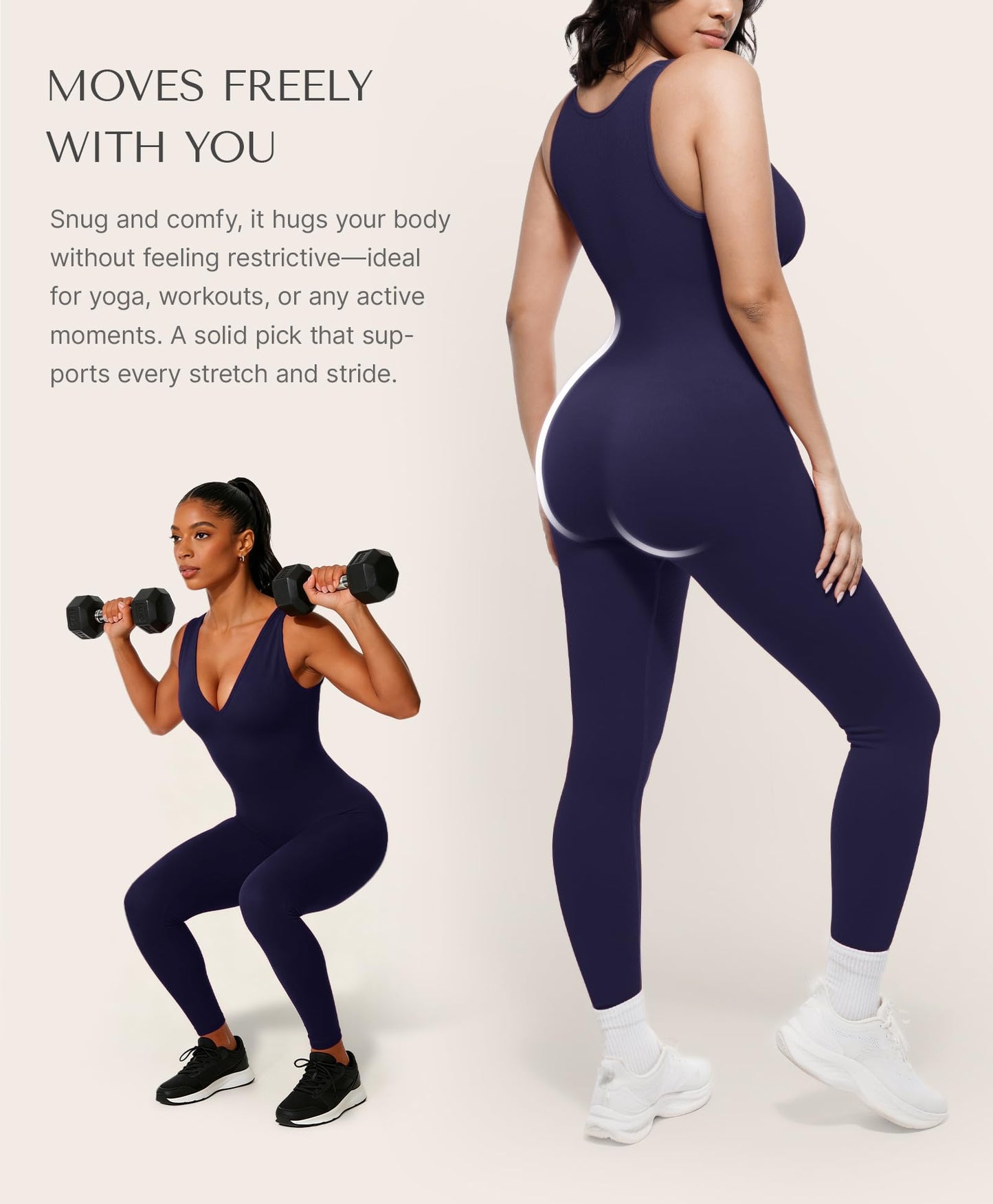 SHAPELLX Tummy Control Workout Jumpsuits for Women One Piece Comfy Yoga Outfits V Neck Sleeveless Bodycon Pants Romper