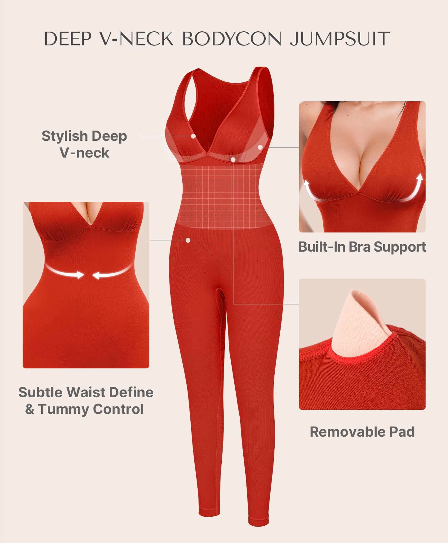 SHAPELLX Tummy Control Workout Jumpsuits for Women One Piece Comfy Yoga Outfits V Neck Sleeveless Bodycon Pants Romper