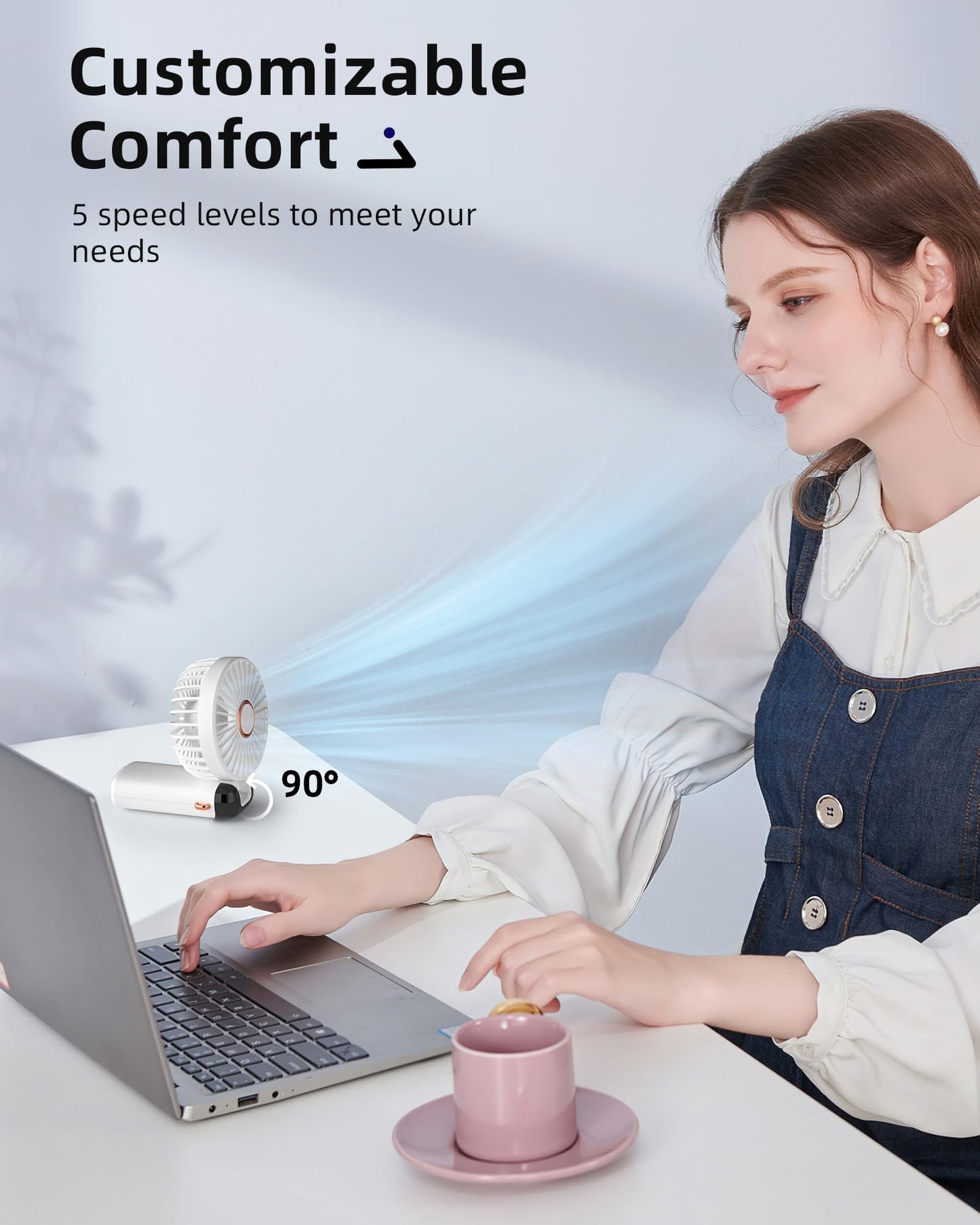 Koonie Portable Handheld Fan, Battery Operated Fan with Base, 8 Hours, Digital Display, 5 Speeds, 90° Ajustable, Rechargeable Mini Fan for Outdoor Indoor