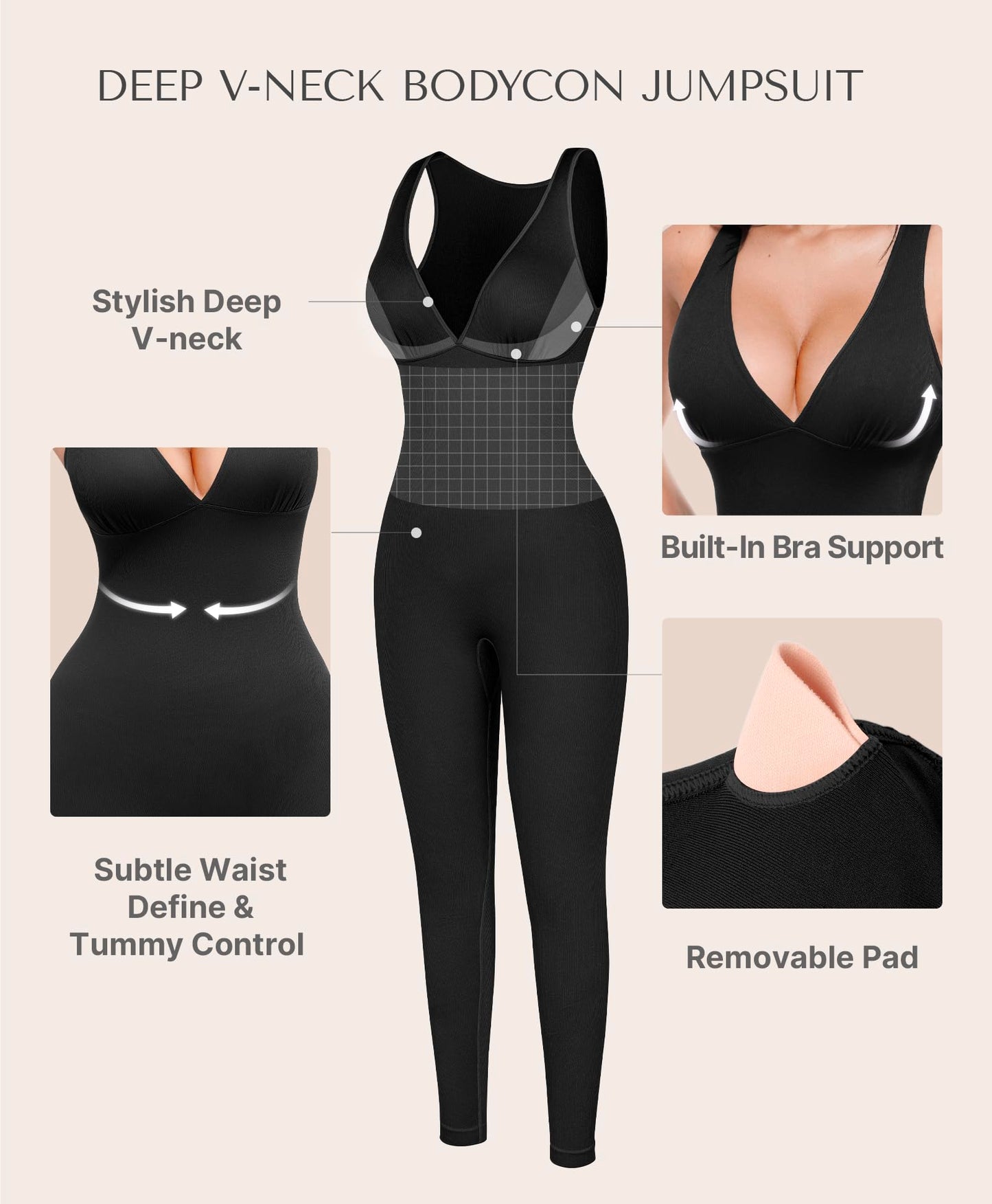 SHAPELLX Tummy Control Workout Jumpsuits for Women One Piece Comfy Yoga Outfits V Neck Sleeveless Bodycon Pants Romper