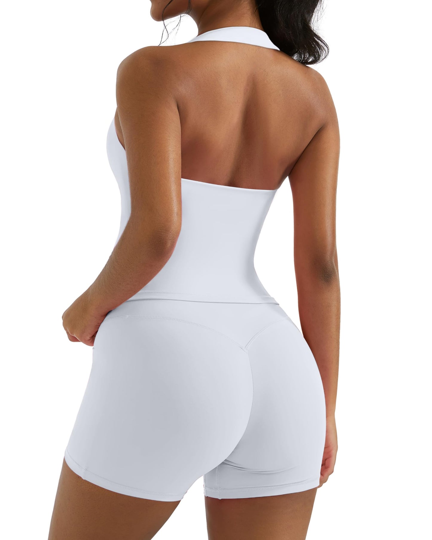 OMKAGI 2 Piece Workout Sets for Women Halter Sports Bra Tank Gym Biker Shorts Outfits